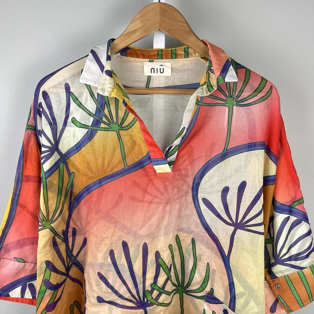 NIU Bold Bright Oversized Boxy Tunic Top Womens Large Artsy Lagenlook Cotton‎